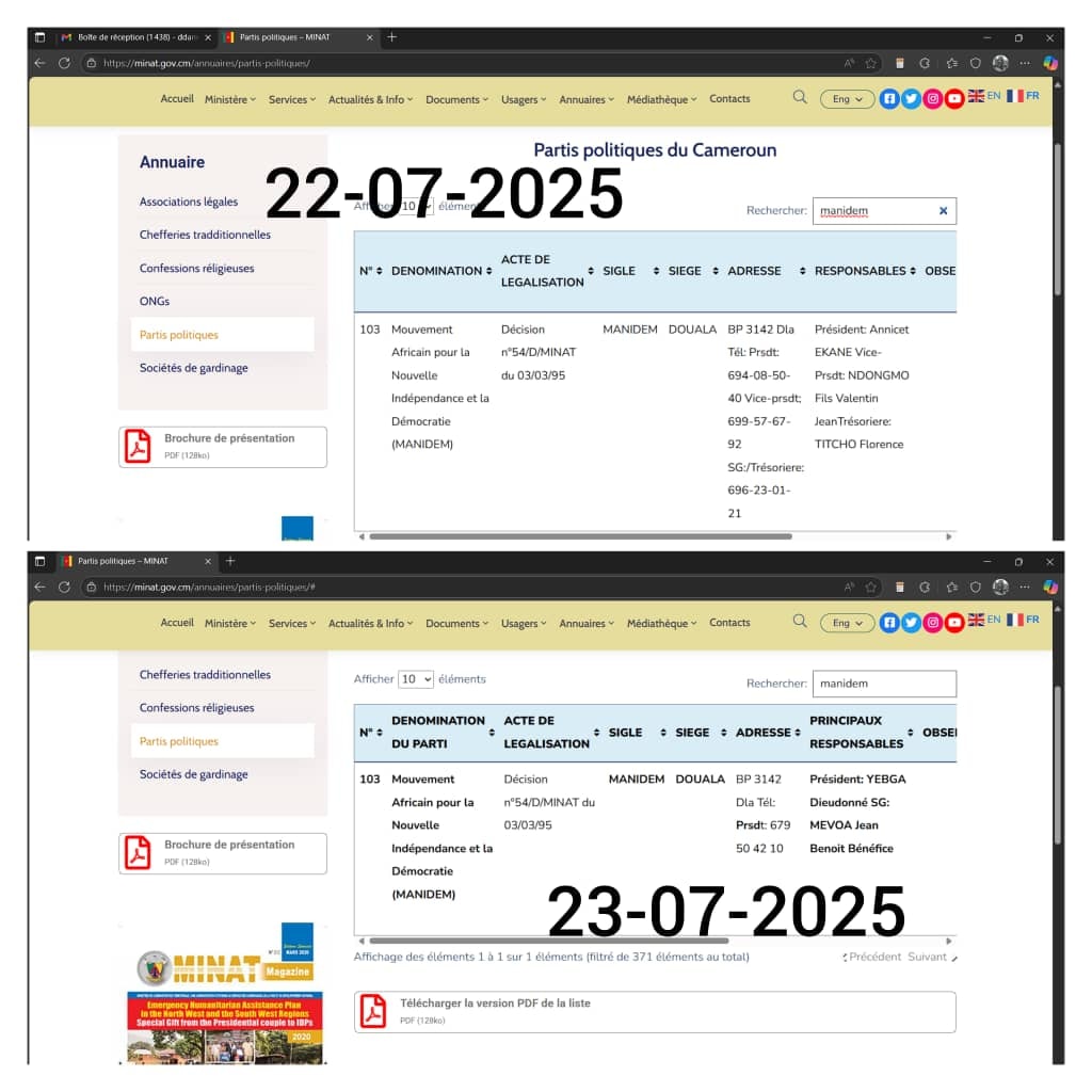 Le Minat fait modifier nuitamment le nom de Anicet EKANE comme président du MANIDEM sur son site
